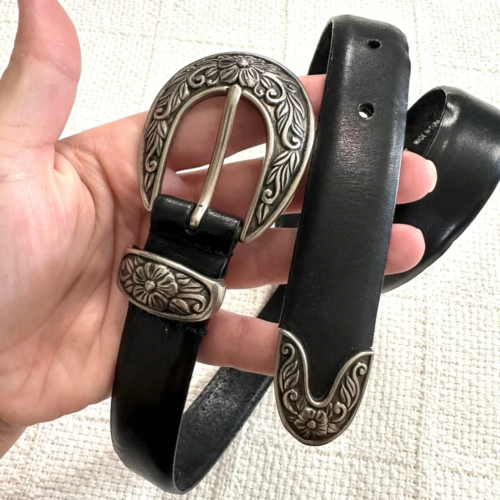 VTG 90s Y2K Western Black‎ Leather Belt Floral Silver Buckle Tip Tams 2000 Small